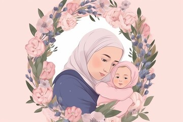 mother's day cute illustration with white hijab mom hug baby and floral frame background, parent and child with pink background, Generative AI