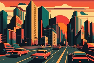 Bold and Bright Retro City Skyline Illustration with Exaggerated Proportions. Generative AI