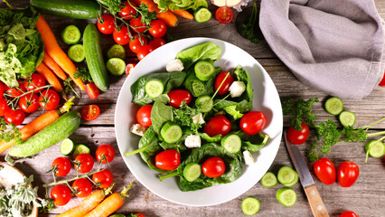mixed vegetable salad with spinach,  tomato and cucumber- healthy eating vegetarian food