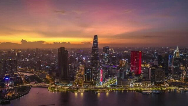 Hyperlapse sunset Bach Dang river, Ho Chi Minh City, Viet Nam