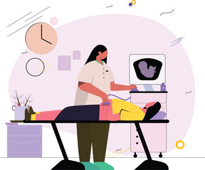 Vector of a gynaecologist doing ultrasound screening for a pregnant woman.
healthcare, maternity, prenatal care concept