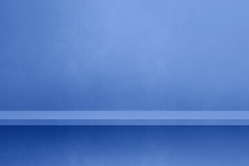 Empty shelf on a lilac blue concrete wall. Background template. Horizontal mockup