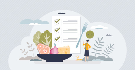 Healthy meal planning with daily food ingredients list tiny person concept. Weekly eating schedule with plan for slimming, detox and wellness vector illustration. Calories counting and Generative AI