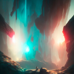 Fantasy landscape, fissure, darkness, light, sun, people in backlight in a science fiction landscape, mountains and rock formation, cave. Dreaming world. Generative AI