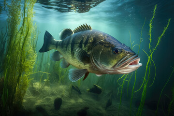 Predatory fish Largemouth bass in habitat under water looking for prey, generative AI - obrazy, fototapety, plakaty