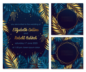 Frames with blue and gold tropical leaves for wedding cards. Stars background. Collection of vector templates. © Любовь Овсянникова