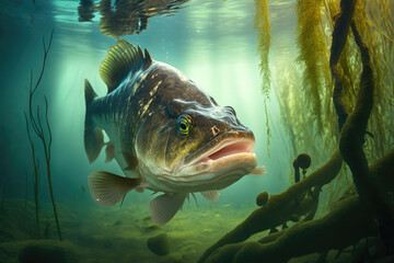 Predatory fish Largemouth bass in habitat under water looking for prey, generative AI - obrazy, fototapety, plakaty