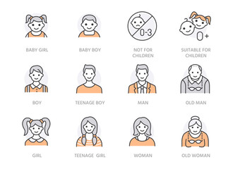 People age flat line icons set. Growth stage - baby boy, teenage girl, young woman, old man vector illustrations. Outline signs for family avatar, toy label. Orange color. Editable Stroke - 598522731