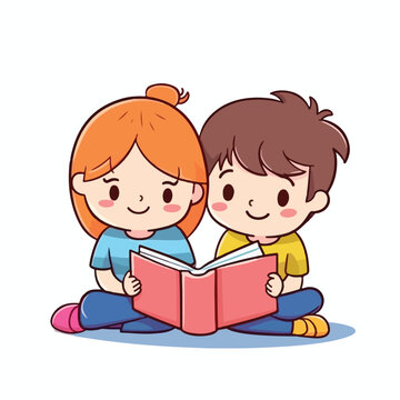 Cute little smart girl and boy sitting and reading book together cartoon flat character vector illustration