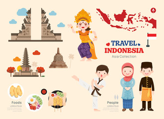 Travel Indonesia flat icons set. Indonesian element icon map and landmarks symbols and objects collection. Vector Illustration