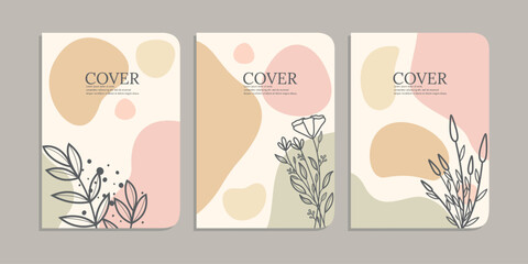 Fototapeta na wymiar set of book cover designs with hand drawn floral decorations. abstract botanical background.size A4 For notebooks, books, cover, diary, schoolbook, planners, brochures, books, catalogs