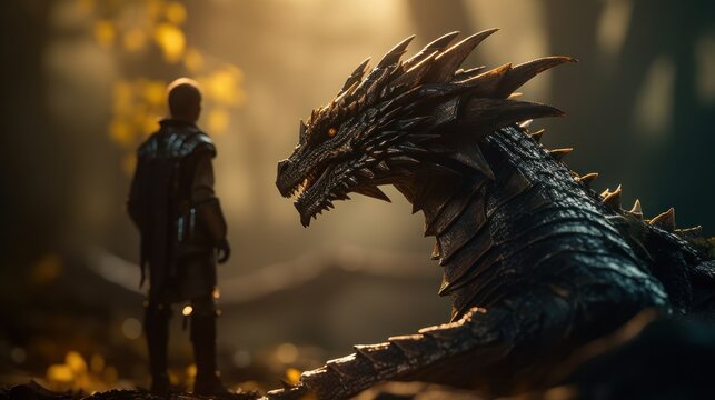 Fantasy scene with a dragon in the forest. Selective focus. Generative AI illustration