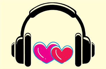 Couple pink heart , music of love symbol with headphone. Music lover banner and poster. Editable vector, easy to reuse and change color or size. eps 10.