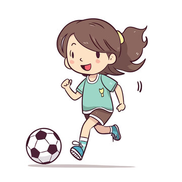 Cute happy little girl playing football soccer cartoon flat character vector illustration