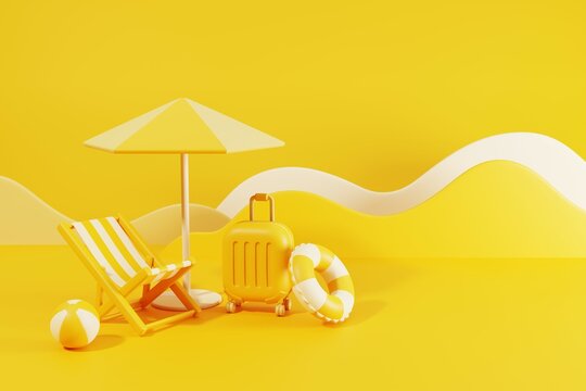 Yellow summer background with umbrella, ball, swimming ring, luggage and beach chair. Tropical holidays vacation concept. 3D rendering