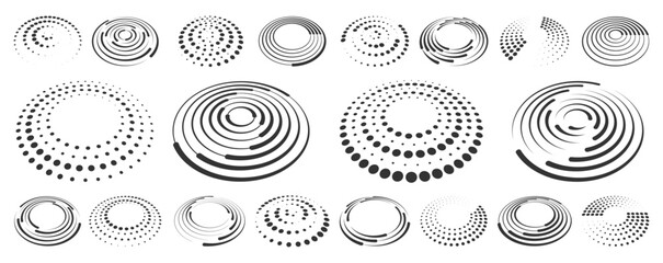 Circle dotted speed lines. Abstract round halftone circle frames, rotating dotted circle shapes. Big collection of round Logos.