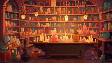 Obraz premium Captivating Vector Illustration of a Mystical Potion Emporium - Generative AI