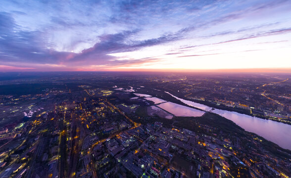 Lipetsk, Russia. Metallurgical plant. Left Bank District. Glow after sunset. Summer. Aerial view © nikitamaykov