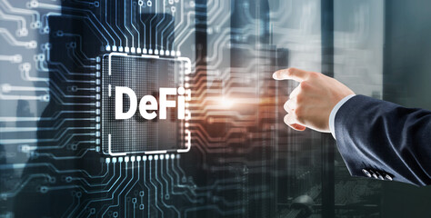 DeFi Decentralized Finance. Technology blockchain cryptocurrency concept. Businessman clicking on virtual screen