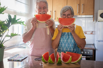 Cheerful senior caucasian couple in home kitchen holding a slice of red fresh watermelon looking at...