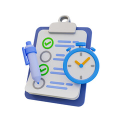 3d minimal fast working. having a quick job done. job deadline concept. clipboard with a stopwatch. transparent background. 3d illustration.