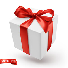 Vector realistic illustration of a white gift box with a red ribbon on a white background.
