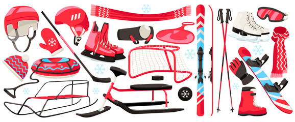 Set of winter sport equipment for outdoor activity. Sports wear flat icons for skiing, snowboarding, skating. Elements for winter holidays and weekend vacation skis, skates, sled. Vector Generative AI