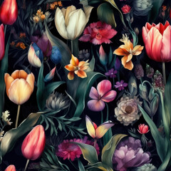 Watercolor Tulips Seamless Pattern, Digital Papers, Generative AI