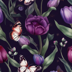 Watercolor Tulips Seamless Pattern, Digital Papers, Generative AI