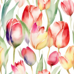 Fototapeta premium Watercolor Tulips Seamless Pattern, Digital Papers, Generative AI