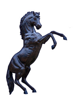 Rearing black horse statue isolated on a white background.