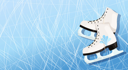 Winter figure skates on a blue ice rink background. White boots with blades for seasonal sport. Female dancing on ice event banner. Poster for weekend competitions. Show time flyer Generative AI