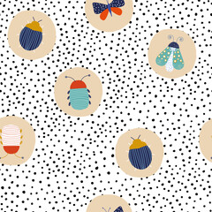 Seamless pattern with colorful insects. Cute cartoon print. Vector hand drawn illustration. - 598528748