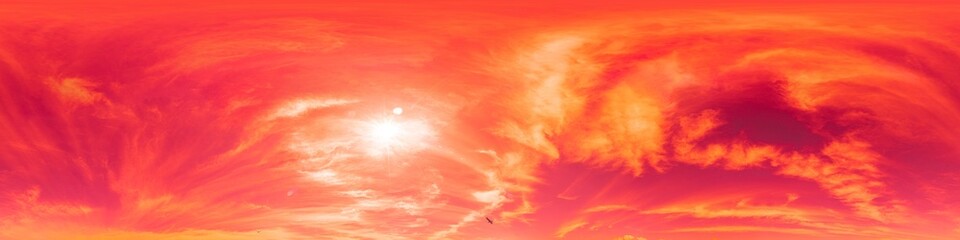 Sky panorama with bright glowing Cirrus clouds. HDR 360 seamless spherical panorama. Full zenith or sky dome in 3D visualization, sky replacement for aerial drone panoramas. Weather and climate change