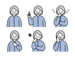 シニア女性の表情イラストセット素材