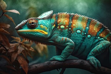 Fototapeta premium Portrait of Incredibly cute colorful chameleon lizard. Exotic wild lizard or reptile. Generative AI