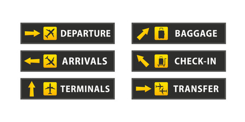 Fototapeta premium Airport sign departure arrival travel icon. Vector airport board airline sign. Transfer. Arrivals. Airport board airline sign, departures, arrivals, check in, baggage information. Vector illustration