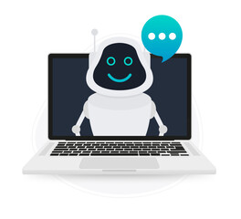 Chat Bot Using Laptop Computer, Robot Virtual Assistance Of Website Or Mobile Applications. Voice support service bot. Online support bot. Vector illustration