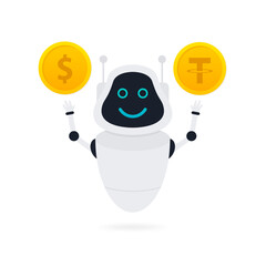 Flat bot banner. Financial investment trade. Artificial intelligence. Mobile stock trading concept. Trading bot. Cryptocurrency trading bot. Bot under the money rain. Vector illustration