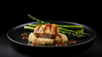 grilled chicken fillet with grill marks and a caramelized glaze, served with risotto and asparagus