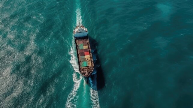 Close up top view image cargo ship sailing in the open sea