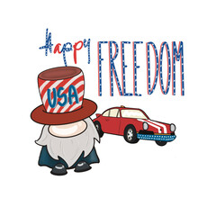 watercolor 4th of July element with gnome,  American patriotic decorations, Hand drawn watercolor graphic illustration,