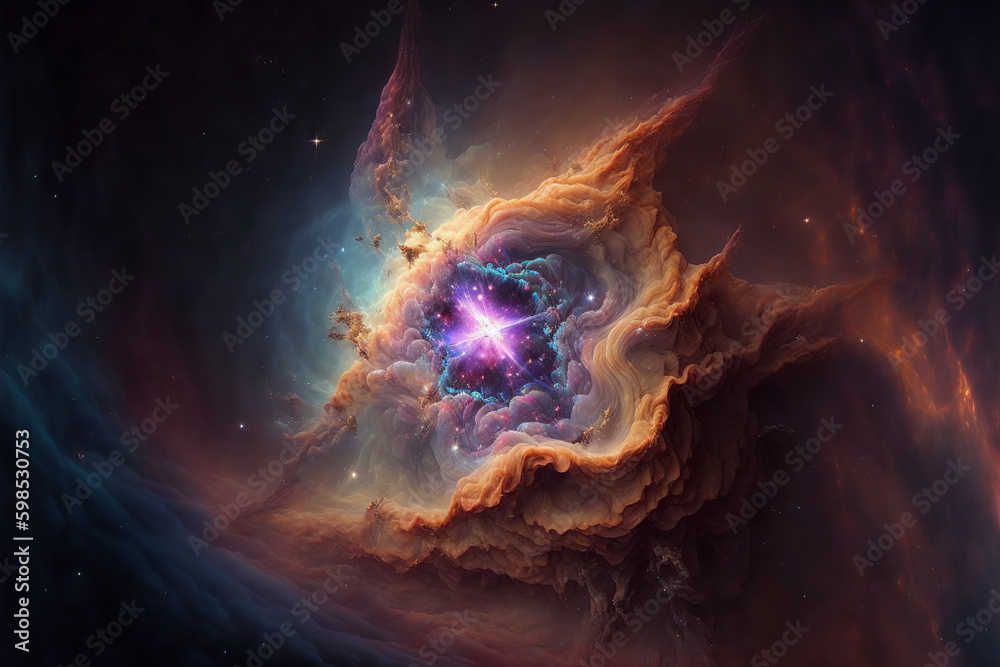 Poster Large view of a colorful dark nebula in space. Cosmic background with bright shining stars, galaxies and deep universe. Generative ai