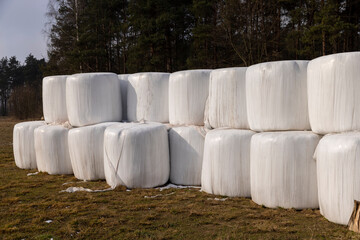 white plastic packaging for hay during storage in winter