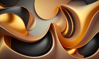 Abstract gold and brown glossy wallpaper. Shiny wavy texture with creamy details. Background with curvy shapes. Generative Ai - obrazy, fototapety, plakaty