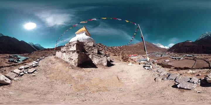 4K VR of Dingboche and Pheriche village in Nepal, basic point of everest base camp track. EBC. Buddhist stupa on mountain trekking path in Himalayas. Generative AI
