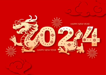 Fototapeta na wymiar Happy Chinese new Year, Year of the Dragon! Eastern calendar design template with Dragon beast. Asian traditional holiday celebration. Chinese text means 