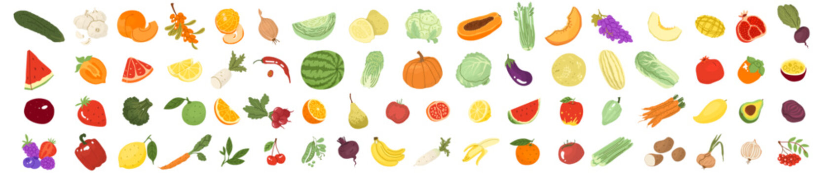 A set with vegetables and fruits. Farm products, organic farming. Different types of fruits and vegetables. Production of organic products. Vector illustration for farmers and food markets.