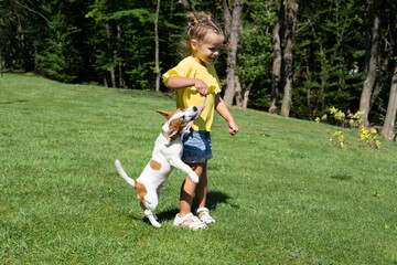 Little girl playing with her pet dog Jack Russell Terrier in park.