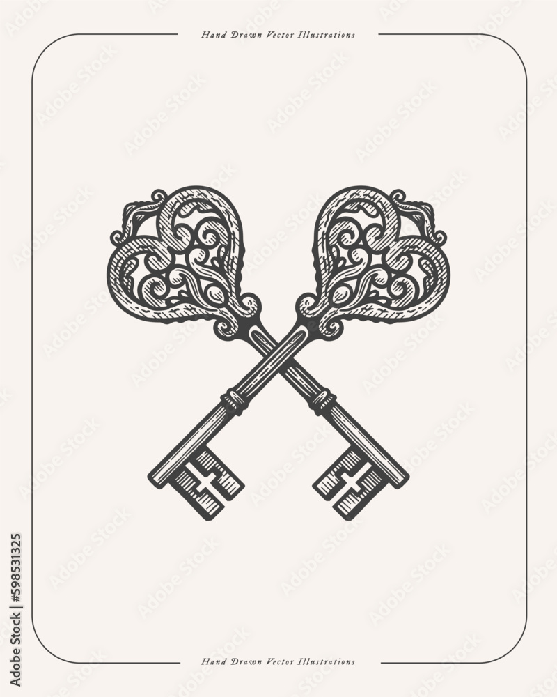 Poster carved crossed keys in engraving style. two elegant keys with victorian curls. medieval symbol on wh